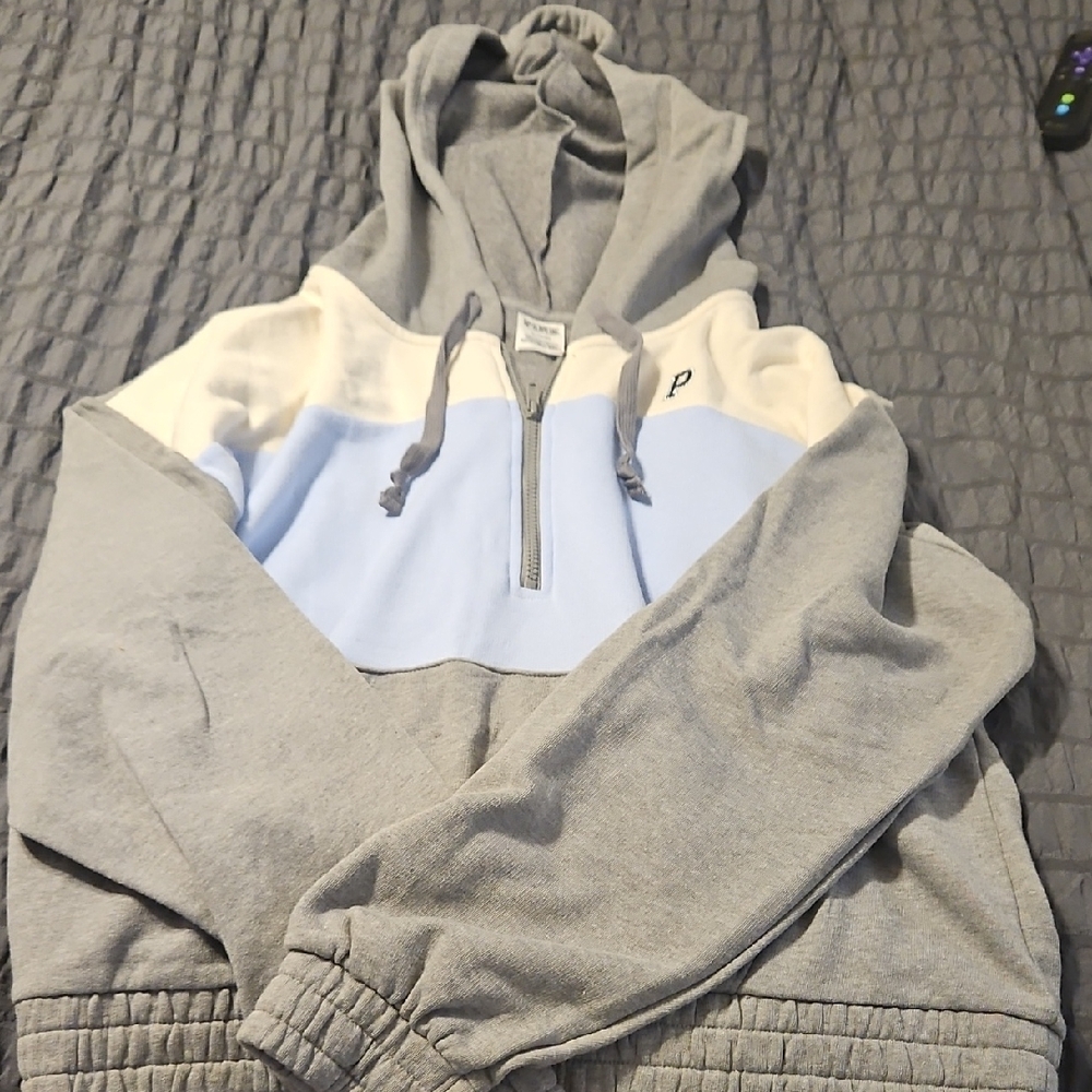 PINK Victoria's Secret Gray and Light Blue Zip Up Sweater